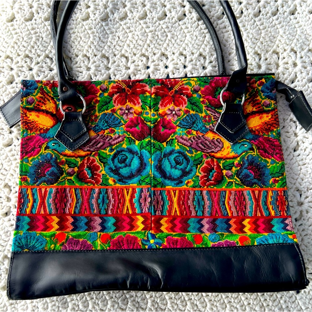 Tapestry Floral and Black Leather Bag/Tote